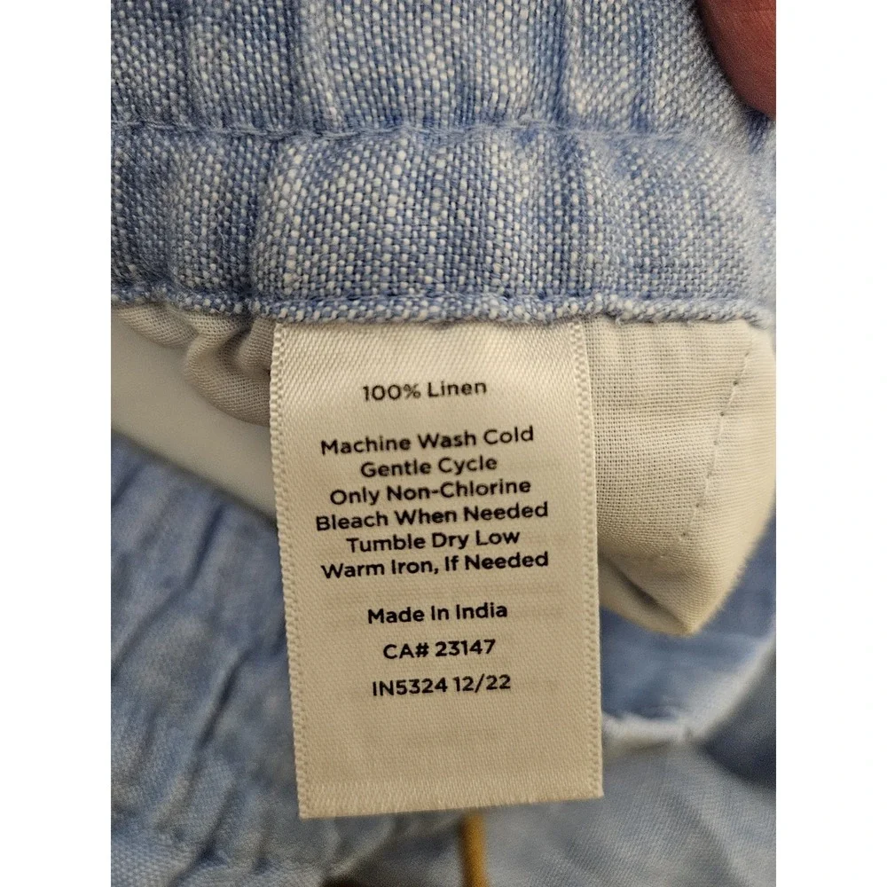Talbots Blue Chambray Cargo Pull On Pants L Drawstring 100% Linen Cropped